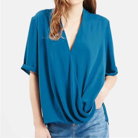 Topshop Tops - Topshop Blue Surplice Neckline Draped Short Sleeve Blouse, EUC, Size 6